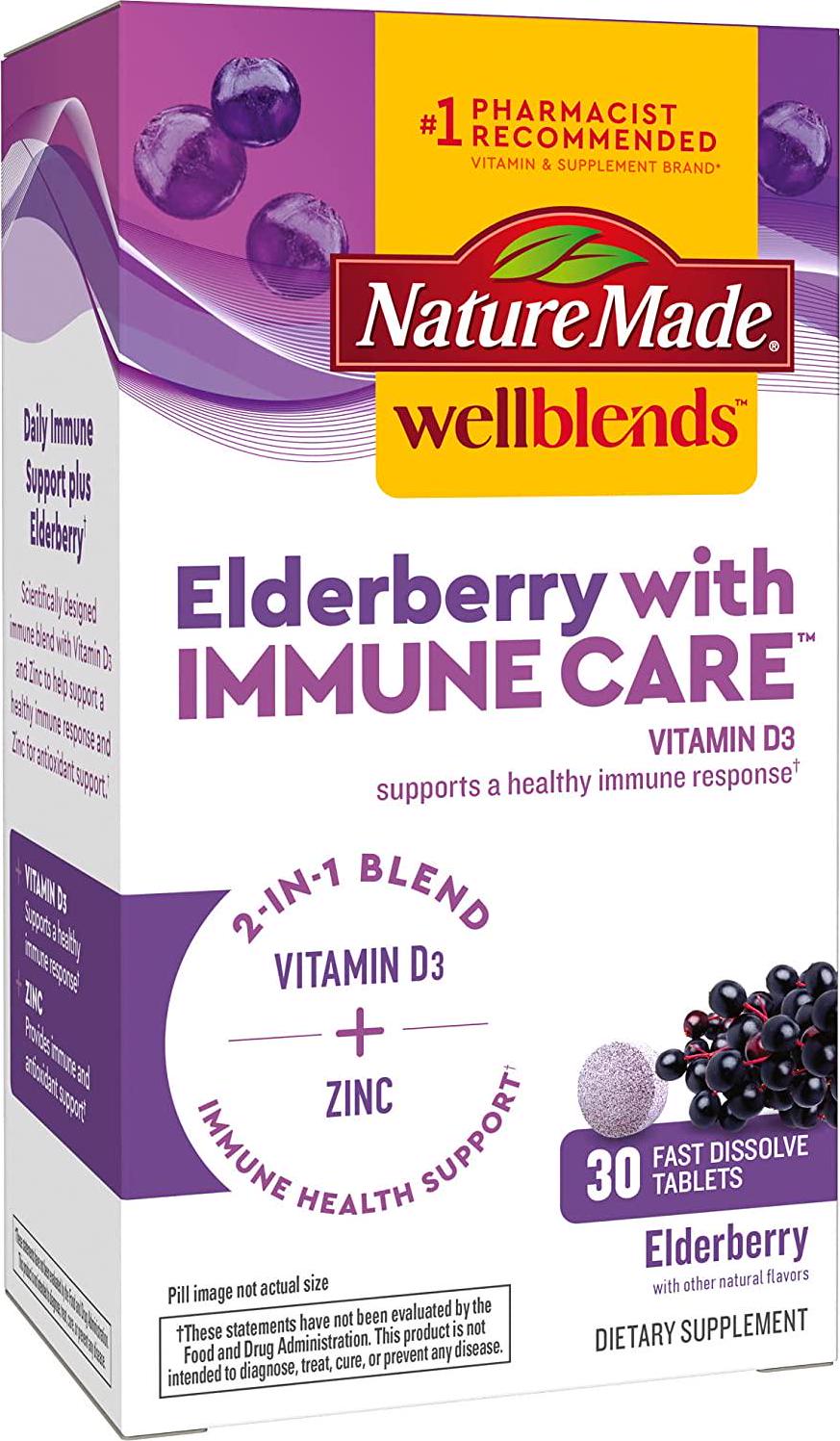 Nature Made Wellblends Elderberry with ImmuneCare, Vitamin D3 and Zinc, with Elderberry Flavor, 30 Fast Dissolve Tablets
