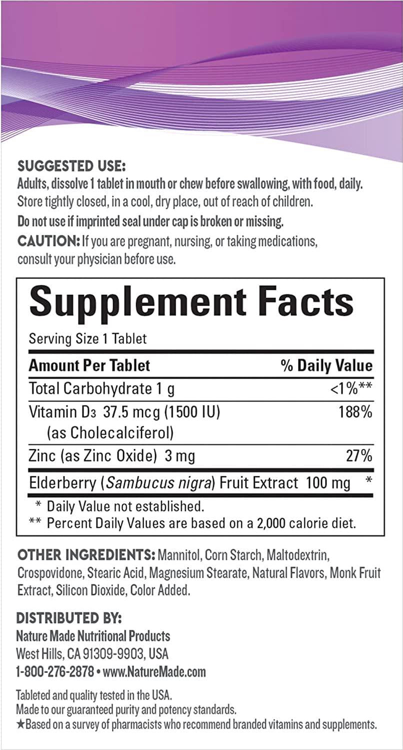Nature Made Wellblends Elderberry with ImmuneCare, Vitamin D3 and Zinc, with Elderberry Flavor, 30 Fast Dissolve Tablets