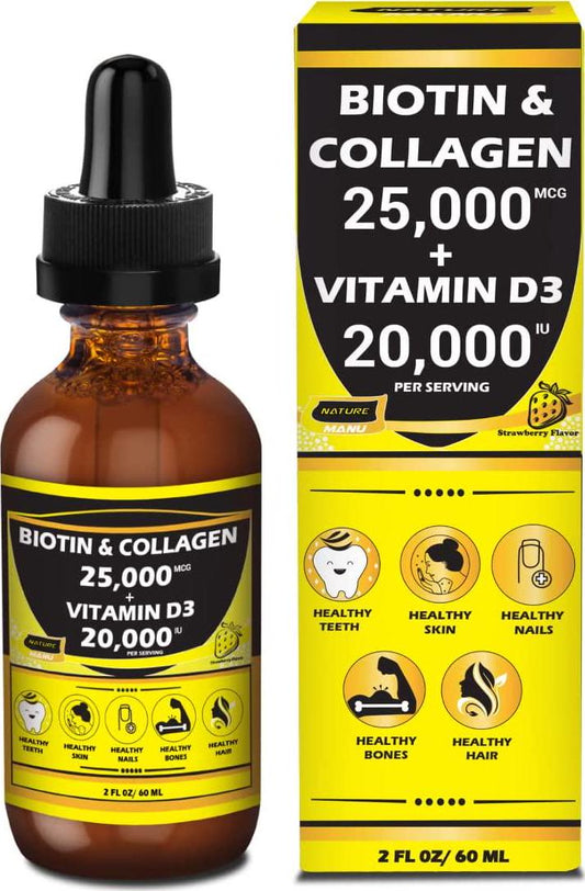 Nature Manu-Premium 25,000mcg Liquid Biotin and Collagen+20,000iu Vitamin D3 All-in-one Wellness Daily Drops. Supports Healthy Skin, Stronger Nails, Hair Growth. Tasty Strawberry Flavor - 2 FL OZ/60 ML