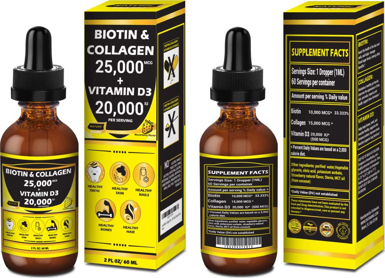 Nature Manu-Premium 25,000mcg Liquid Biotin and Collagen+20,000iu Vitamin D3 All-in-one Wellness Daily Drops. Supports Healthy Skin, Stronger Nails, Hair Growth. Tasty Strawberry Flavor - 2 FL OZ/60 ML
