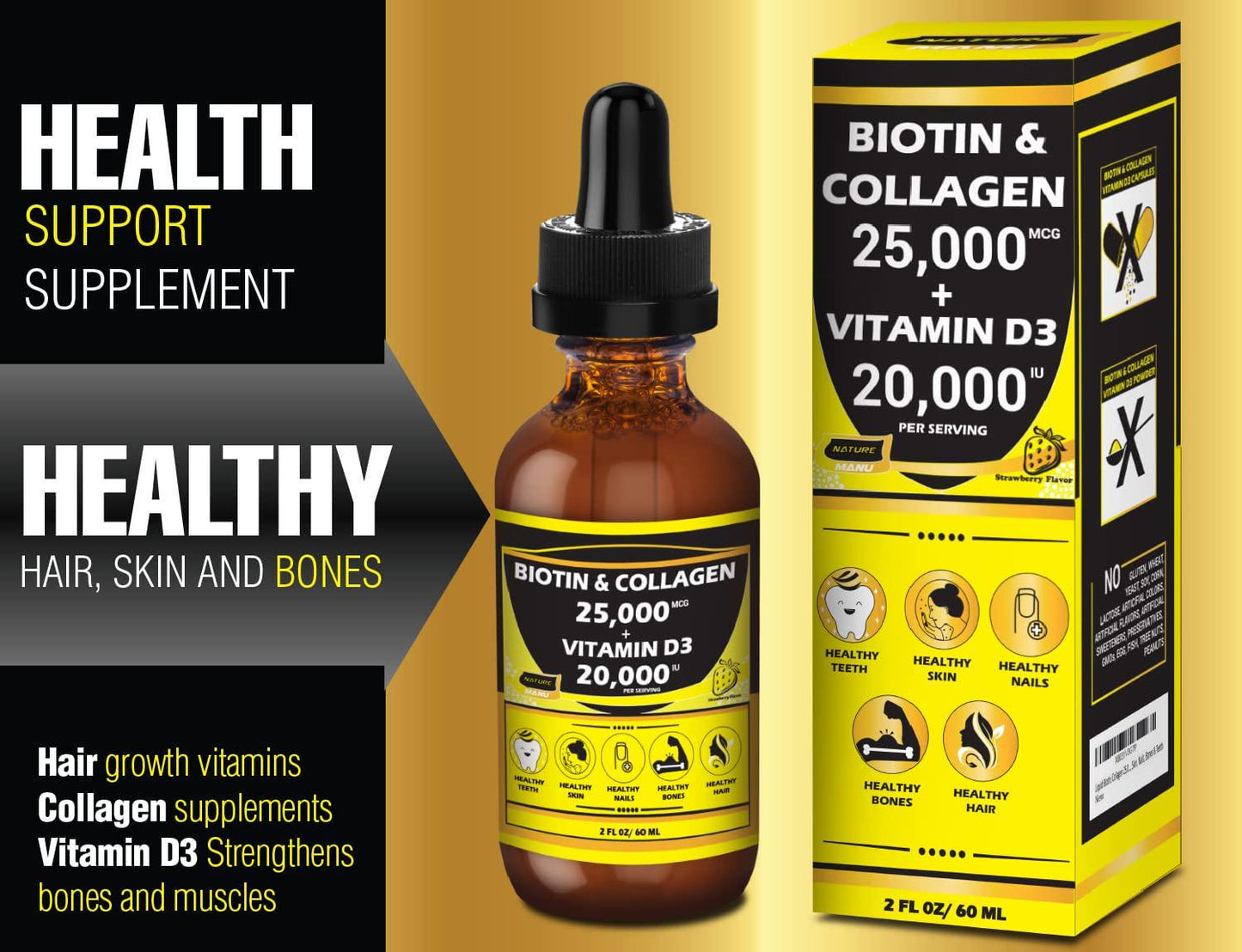 Nature Manu-Premium 25,000mcg Liquid Biotin and Collagen+20,000iu Vitamin D3 All-in-one Wellness Daily Drops. Supports Healthy Skin, Stronger Nails, Hair Growth. Tasty Strawberry Flavor - 2 FL OZ/60 ML