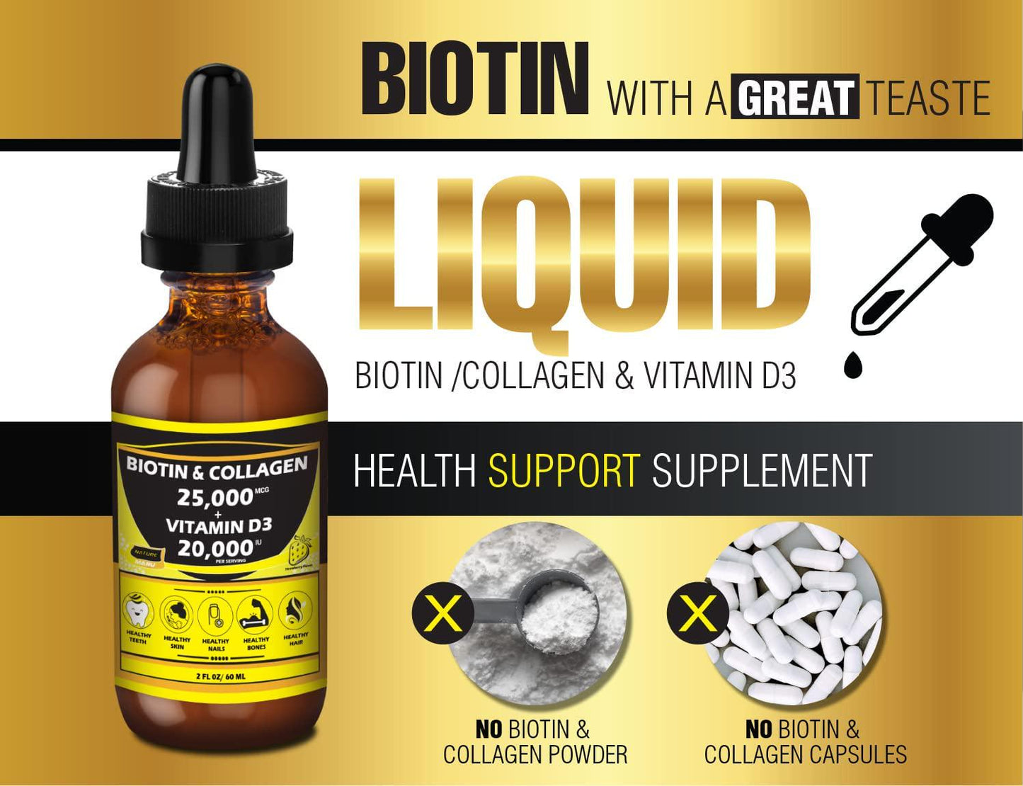 Nature Manu-Premium 25,000mcg Liquid Biotin and Collagen+20,000iu Vitamin D3 All-in-one Wellness Daily Drops. Supports Healthy Skin, Stronger Nails, Hair Growth. Tasty Strawberry Flavor - 2 FL OZ/60 ML
