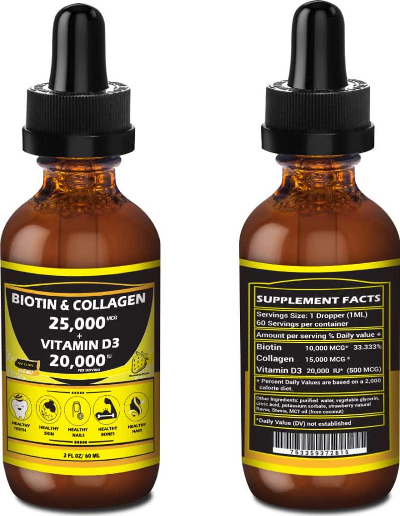 Nature Manu-Premium 25,000mcg Liquid Biotin and Collagen+20,000iu Vitamin D3 All-in-one Wellness Daily Drops. Supports Healthy Skin, Stronger Nails, Hair Growth. Tasty Strawberry Flavor - 2 FL OZ/60 ML