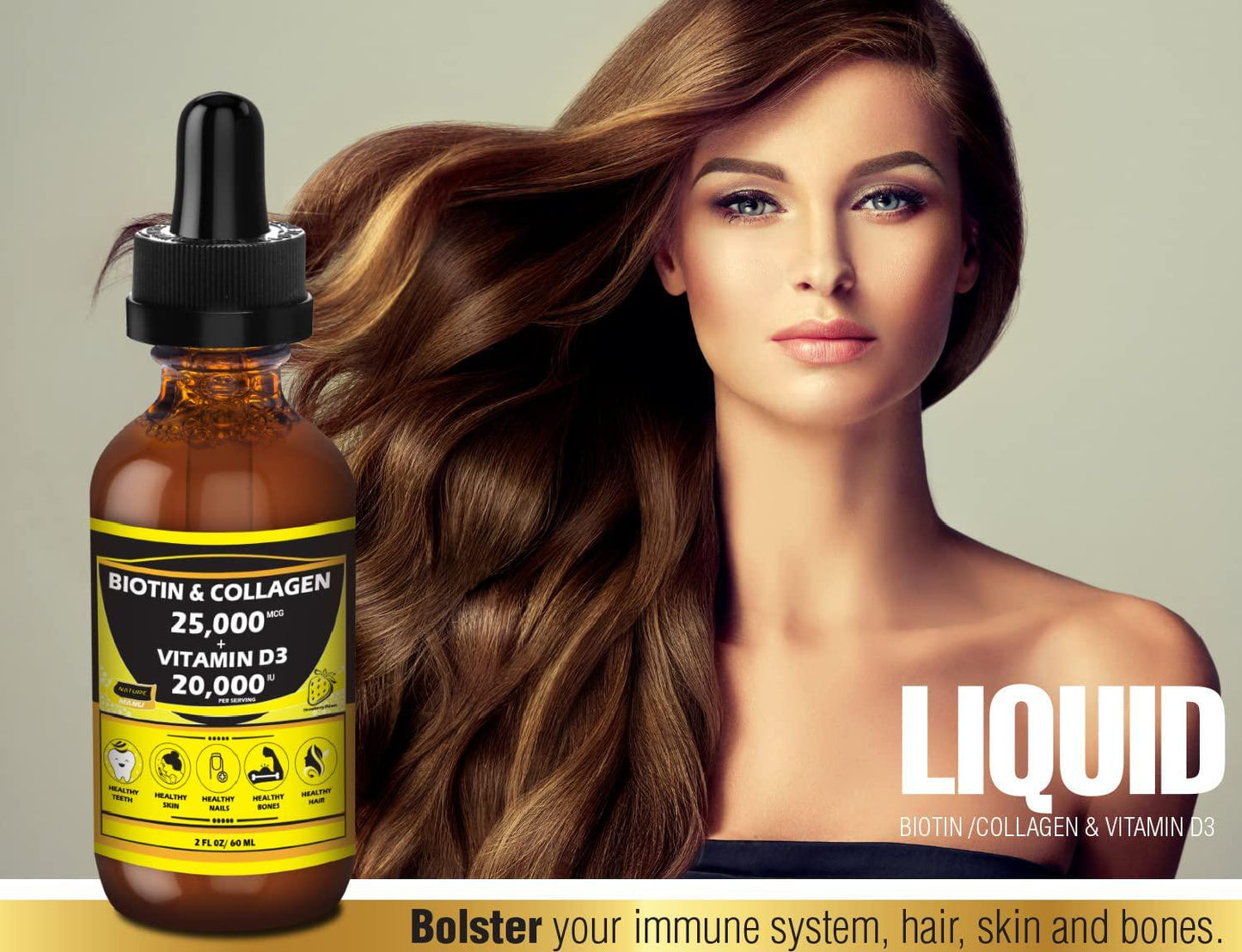 Nature Manu-Premium 25,000mcg Liquid Biotin and Collagen+20,000iu Vitamin D3 All-in-one Wellness Daily Drops. Supports Healthy Skin, Stronger Nails, Hair Growth. Tasty Strawberry Flavor - 2 FL OZ/60 ML