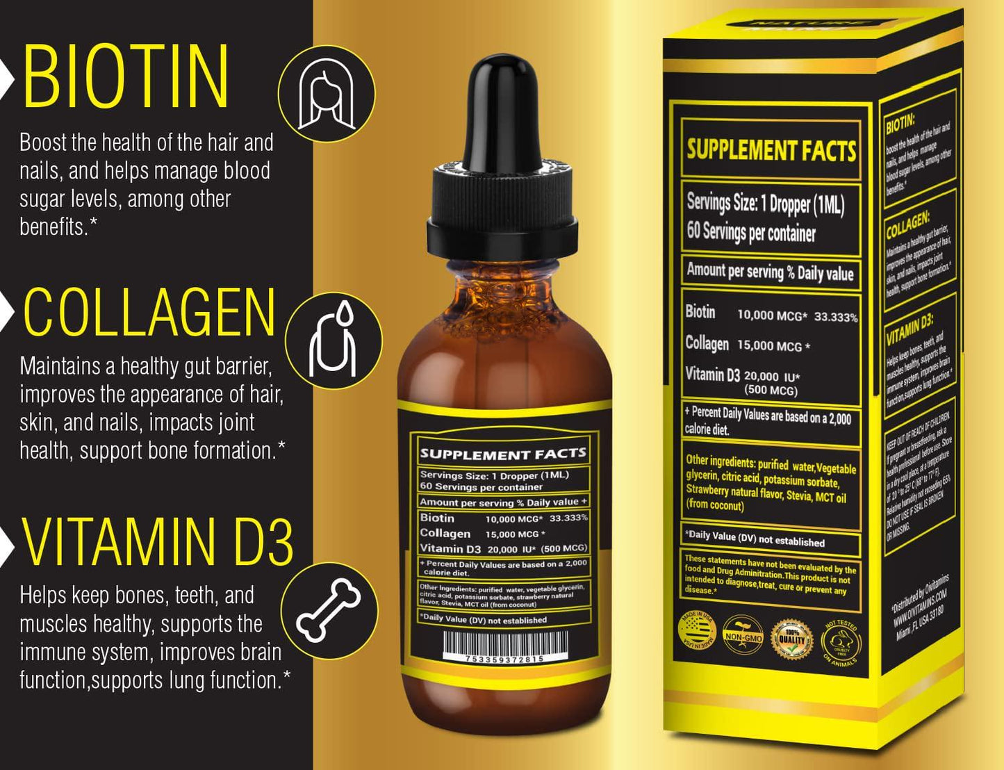 Nature Manu-Premium 25,000mcg Liquid Biotin and Collagen+20,000iu Vitamin D3 All-in-one Wellness Daily Drops. Supports Healthy Skin, Stronger Nails, Hair Growth. Tasty Strawberry Flavor - 2 FL OZ/60 ML