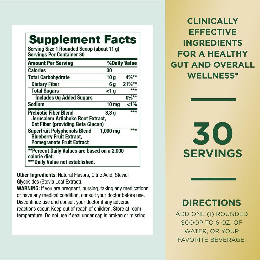 Nature's Bounty Advanced Prebiotics Plus Powder with Prebiotic Fibers and Superfruit Polyphenols. with Jerusalem Artichoke Extract, Oat Beta Glucan, and Superfruit Extracts. 11.6 Ounces. 30 Servings