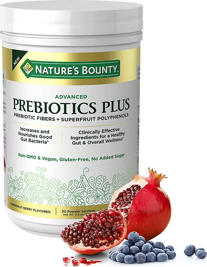 Nature's Bounty Advanced Prebiotics Plus Powder with Prebiotic Fibers and Superfruit Polyphenols. with Jerusalem Artichoke Extract, Oat Beta Glucan, and Superfruit Extracts. 11.6 Ounces. 30 Servings