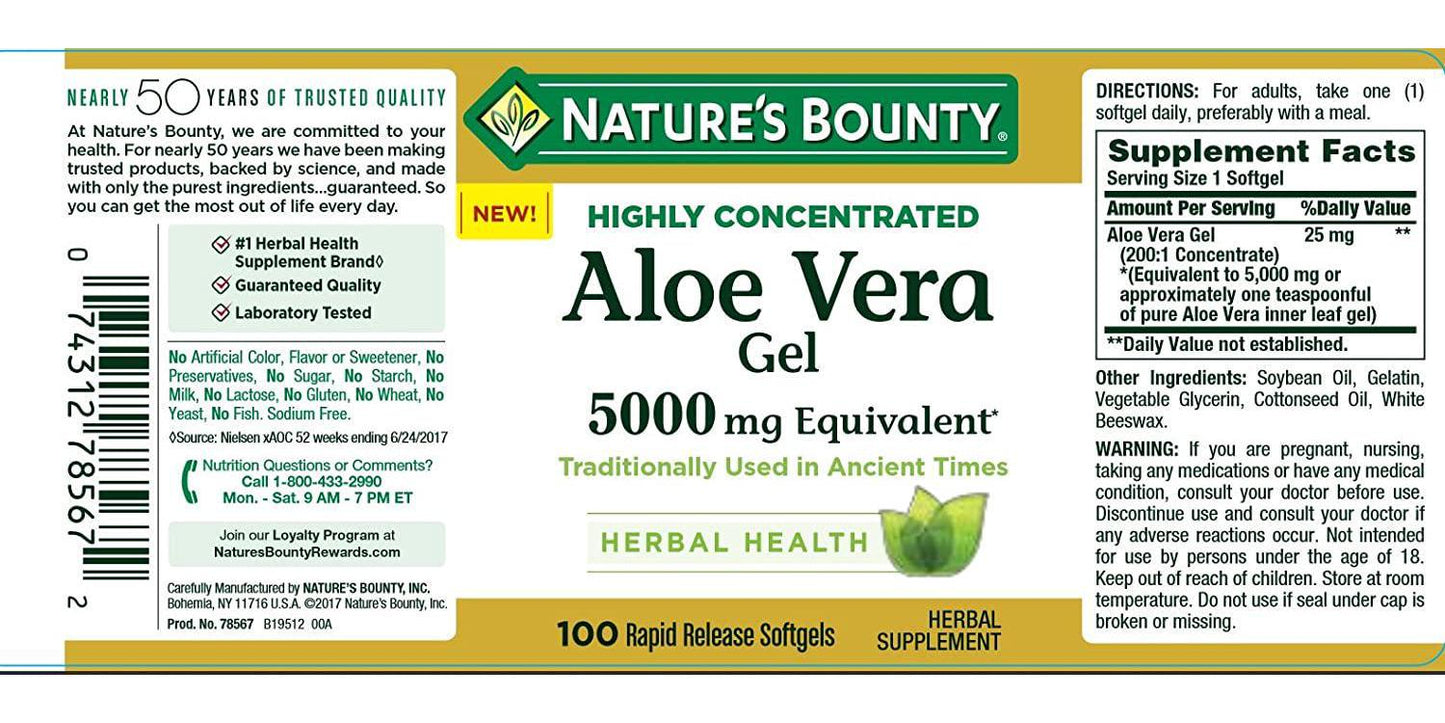 Nature's Bounty Aloe Vera Gel 5,000 mg, 100 Softgels