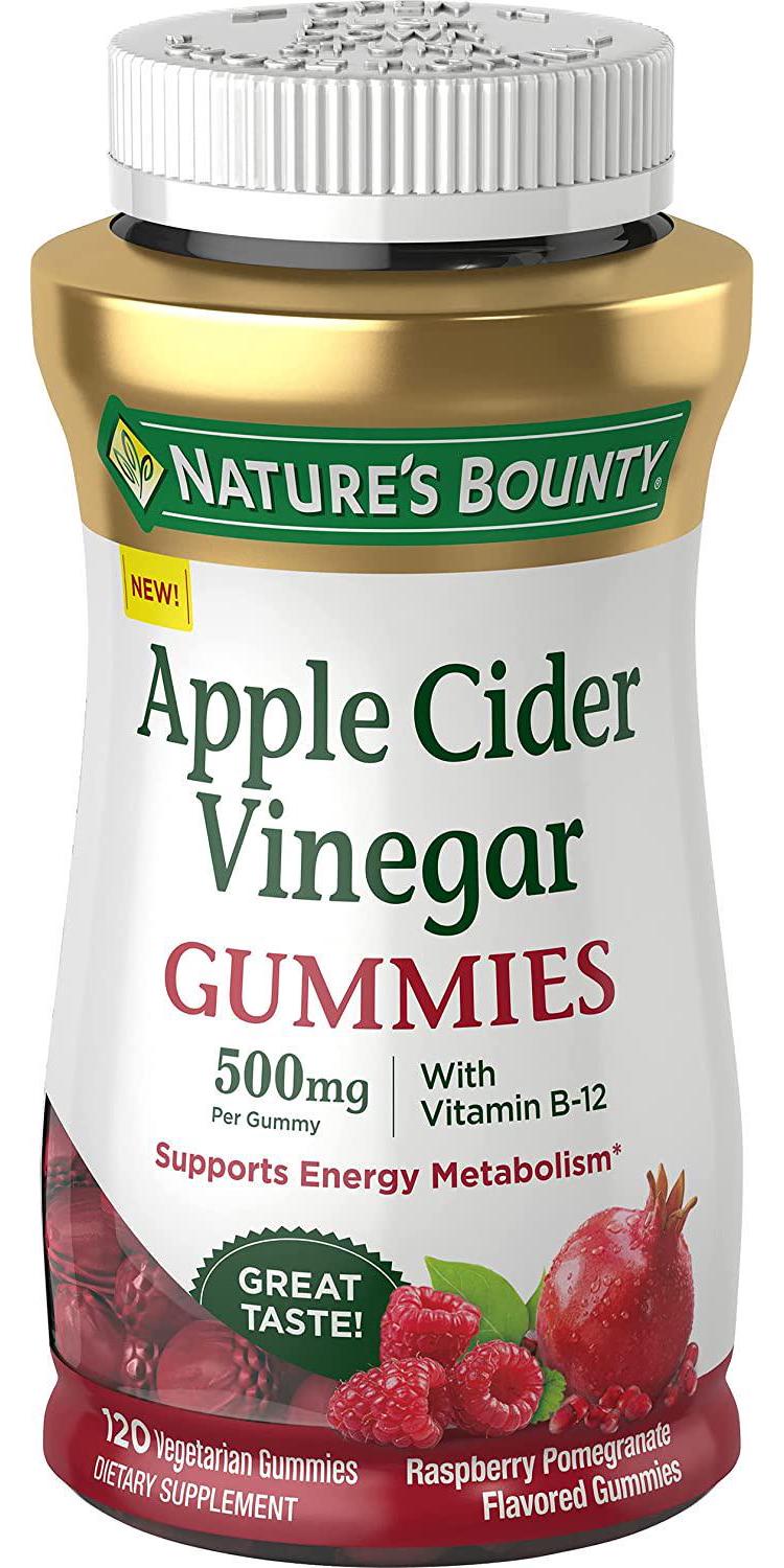 Nature's Bounty Apple Cider Vinegar Gummies - Energy and Metabolism Supplements - Unfiltered liquid ACV with the Mother, Non-GMO, Vegetarian, Vitamin B12, Beet Root, Pomegranate (500 Mg, 120 Count)