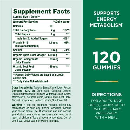 Nature's Bounty Apple Cider Vinegar Gummies - Energy and Metabolism Supplements - Unfiltered liquid ACV with the Mother, Non-GMO, Vegetarian, Vitamin B12, Beet Root, Pomegranate (500 Mg, 120 Count)