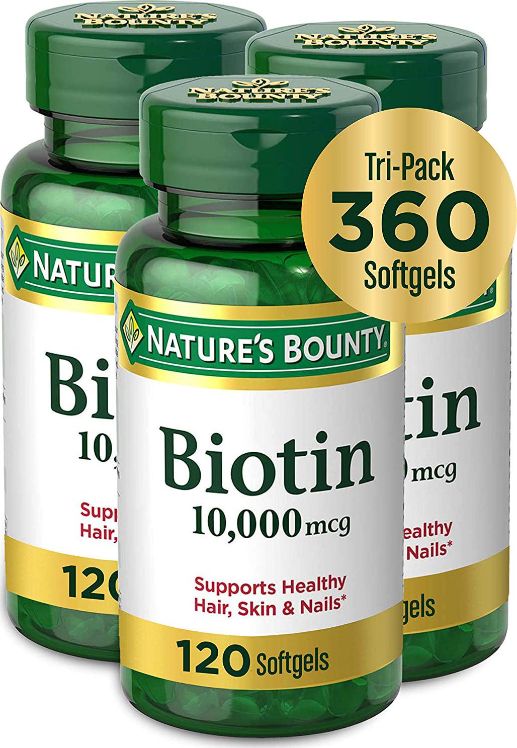 Nature's Bounty Biotin 10,000 Mcg, Supports Healthy Hair, Skin and Nails, Rapid Release Softgels, 3 Pack, (360 Total)