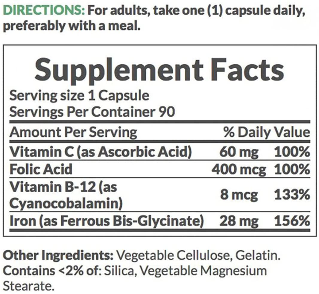 Nature's Bounty Gentle Iron 28 mg Iron Glycinate, 90 Capsules (Pack of 3)