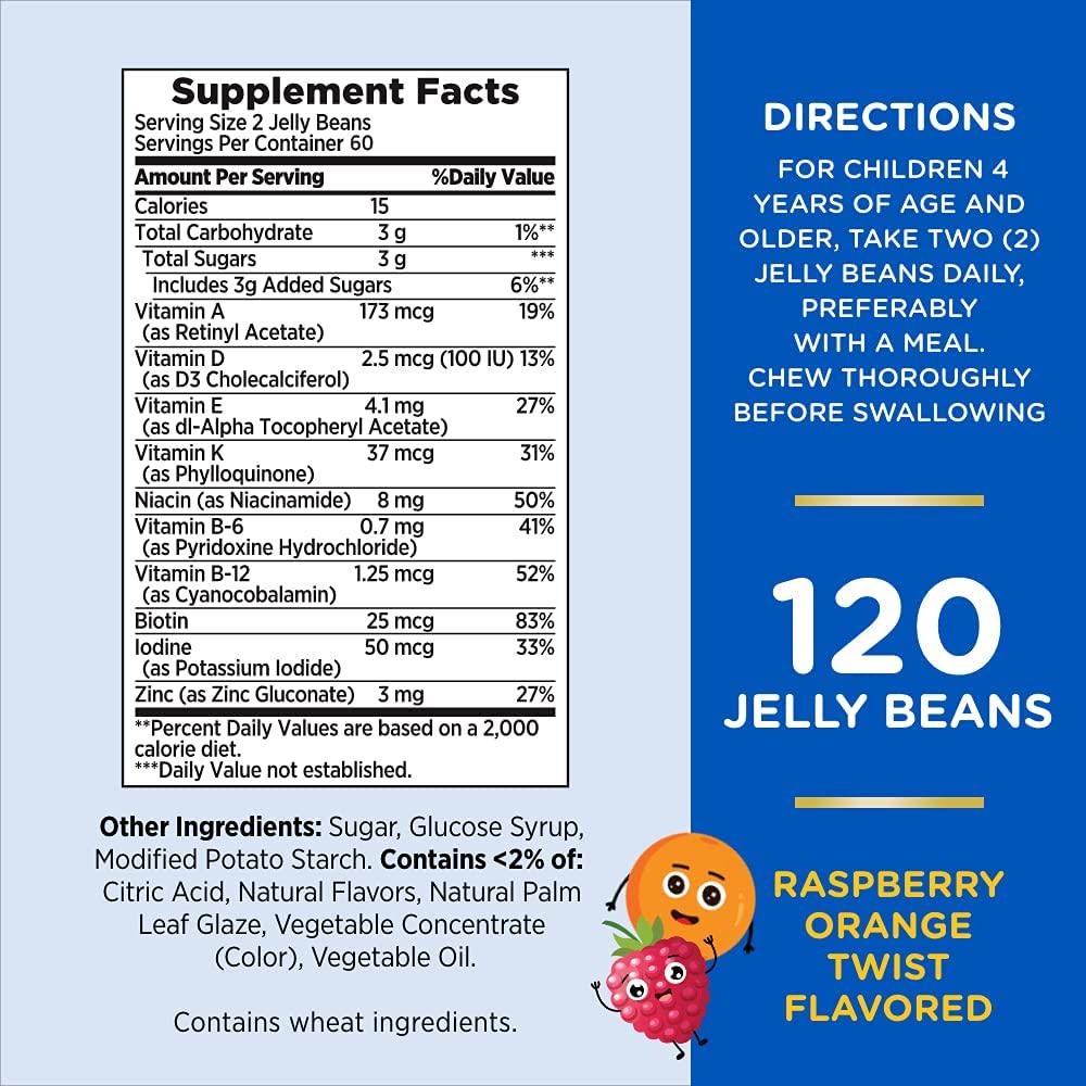 Nature's Bounty Kids Multi Jelly Beans, Supports Healthy Growth and Development, Raspberry Orange Twist Flavor, 120 Ct
