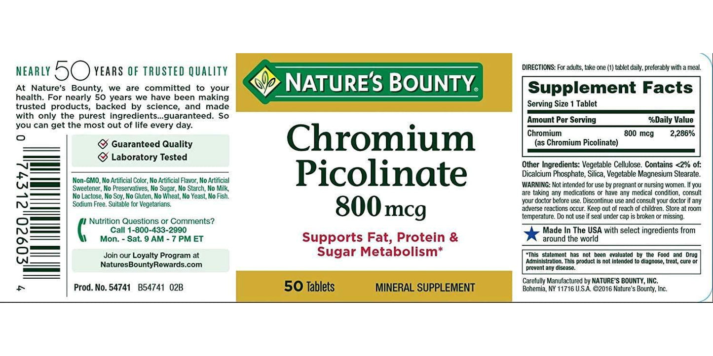 Nature's Bounty Mega Chromium Picolinate 800 Mcg, 50 Tablets