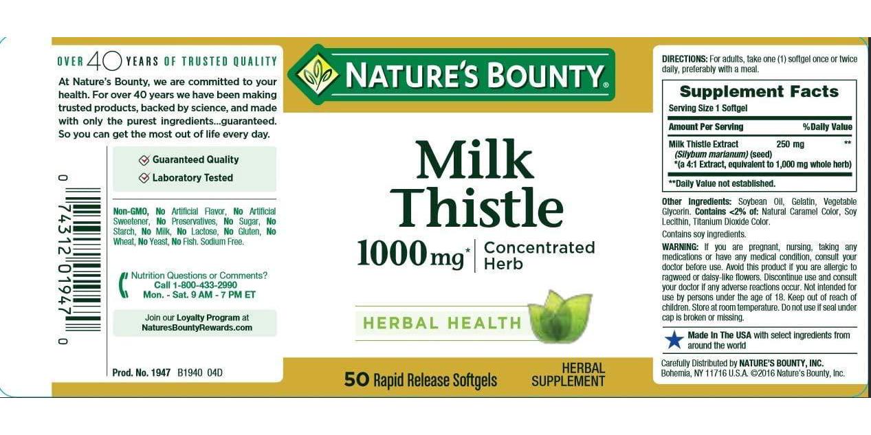 Nature's Bounty Milk Thistle 1000 mg, 50 Softgels