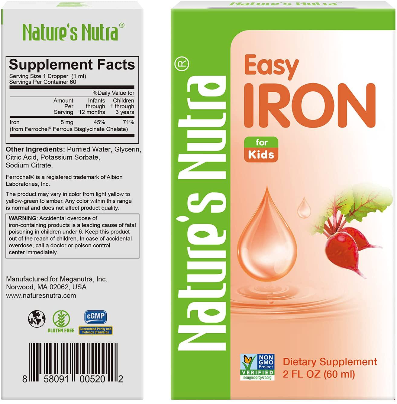 Nature's Nutra Easy Iron, 2 Fl. Oz (60ml), Premium Baby and Infant Liquid Drops, Toddlers Kids Children Multivitamin Supplement, Ferrochel, Anemia, Hemoglobin