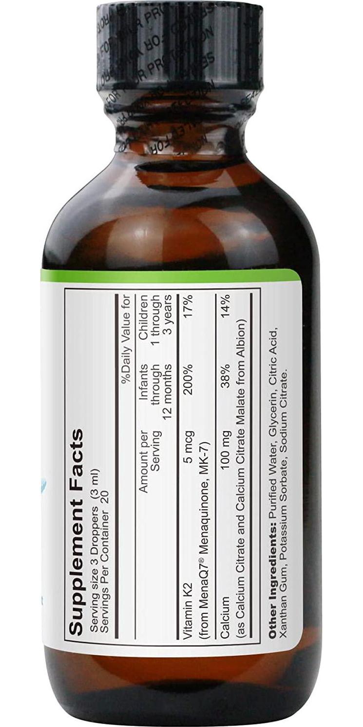 Nature's Nutra Strong Calcium + K2, 2 Fl. Oz (60ml), Premium Baby and Infant Liquid Drops, Toddlers Kids Children Multivitamin Supplement, High Absorption, Healthy Bone and Teeth