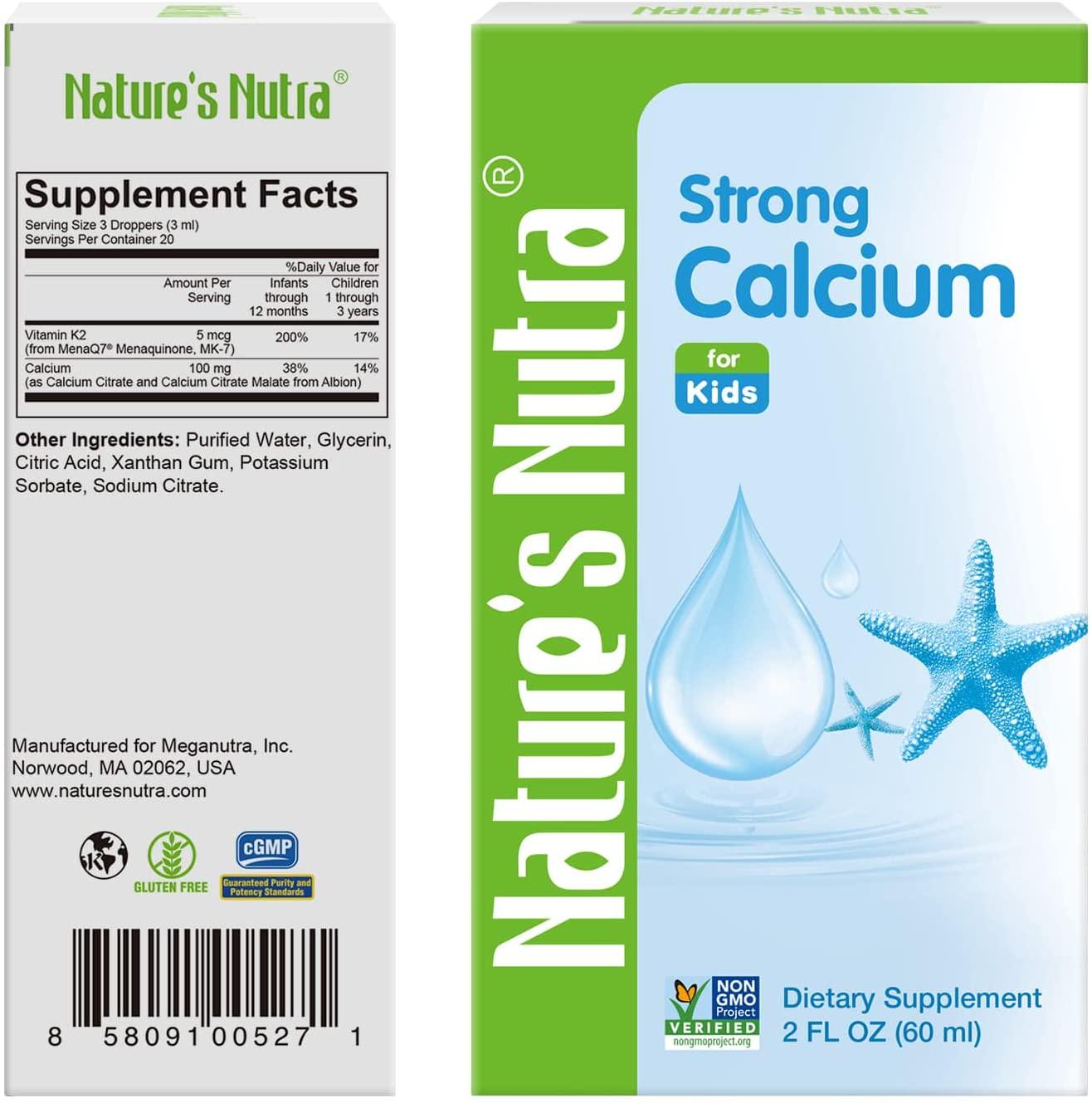 Nature's Nutra Strong Calcium + K2, 2 Fl. Oz (60ml), Premium Baby and Infant Liquid Drops, Toddlers Kids Children Multivitamin Supplement, High Absorption, Healthy Bone and Teeth
