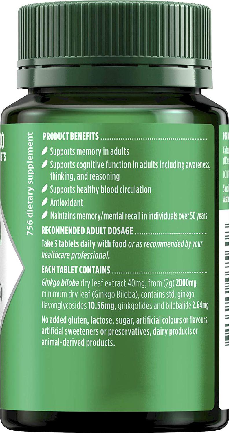 Nature's Own Ginkgo Biloba 2000mg Tablets Supports Cognitive Function and Healthy Blood Circulation in Adults, Mostly Green, 100 Count