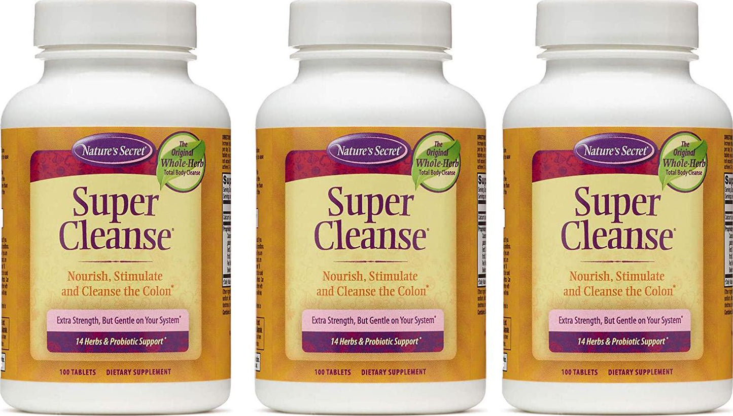 Nature's Secret Super Cleanse Extra Strength Toxin Detox and Gentle Elimination Body Cleanse, Digestive and Colon Health Support - Stimulating Blend of 14 Herbs with Probiotics - 100 Tablets (Pack of 3)