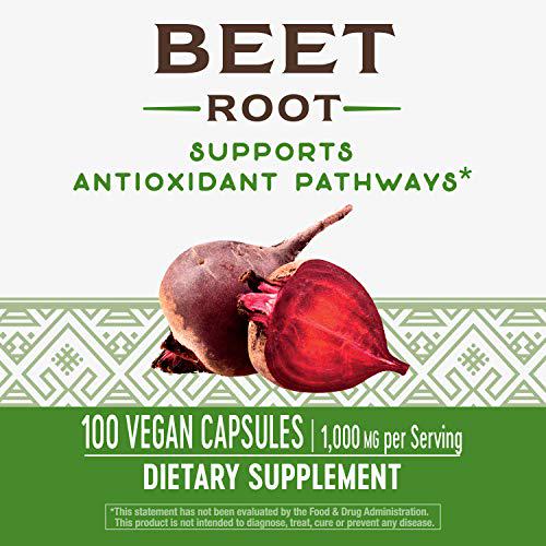 Nature's Way Beet Root; 1 gram Beet Root per serving; TRU-ID Certified; Gluten-Free; Vegetarian; 100 Capsules (Packaging May Vary)