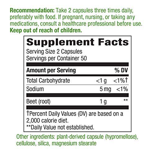 Nature's Way Beet Root; 1 gram Beet Root per serving; TRU-ID Certified; Gluten-Free; Vegetarian; 100 Capsules (Packaging May Vary)