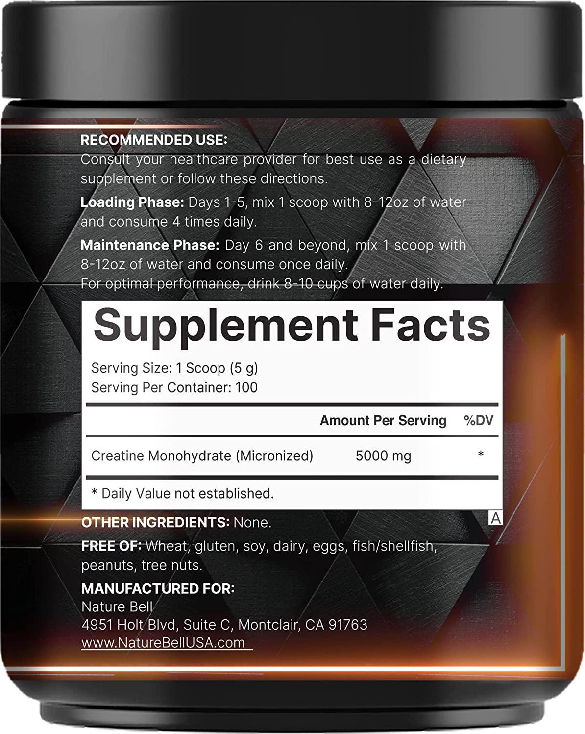 Naturebell Creatine Monohydrate Powder 500 Grams, 5000mg Per Serving, Pure Unflavored Creatine Powder - Micronized - Pre Workout | Keto | Vegan | Dissolves Easy | Filler Free - 100 Servings (1.1Lb)