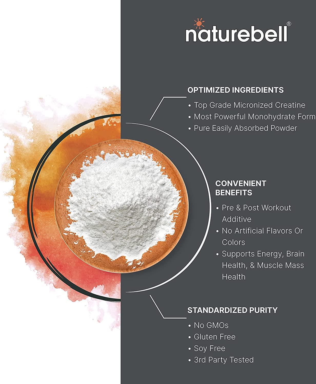 Naturebell Creatine Monohydrate Powder 500 Grams, 5000mg Per Serving, Pure Unflavored Creatine Powder - Micronized - Pre Workout | Keto | Vegan | Dissolves Easy | Filler Free - 100 Servings (1.1Lb)