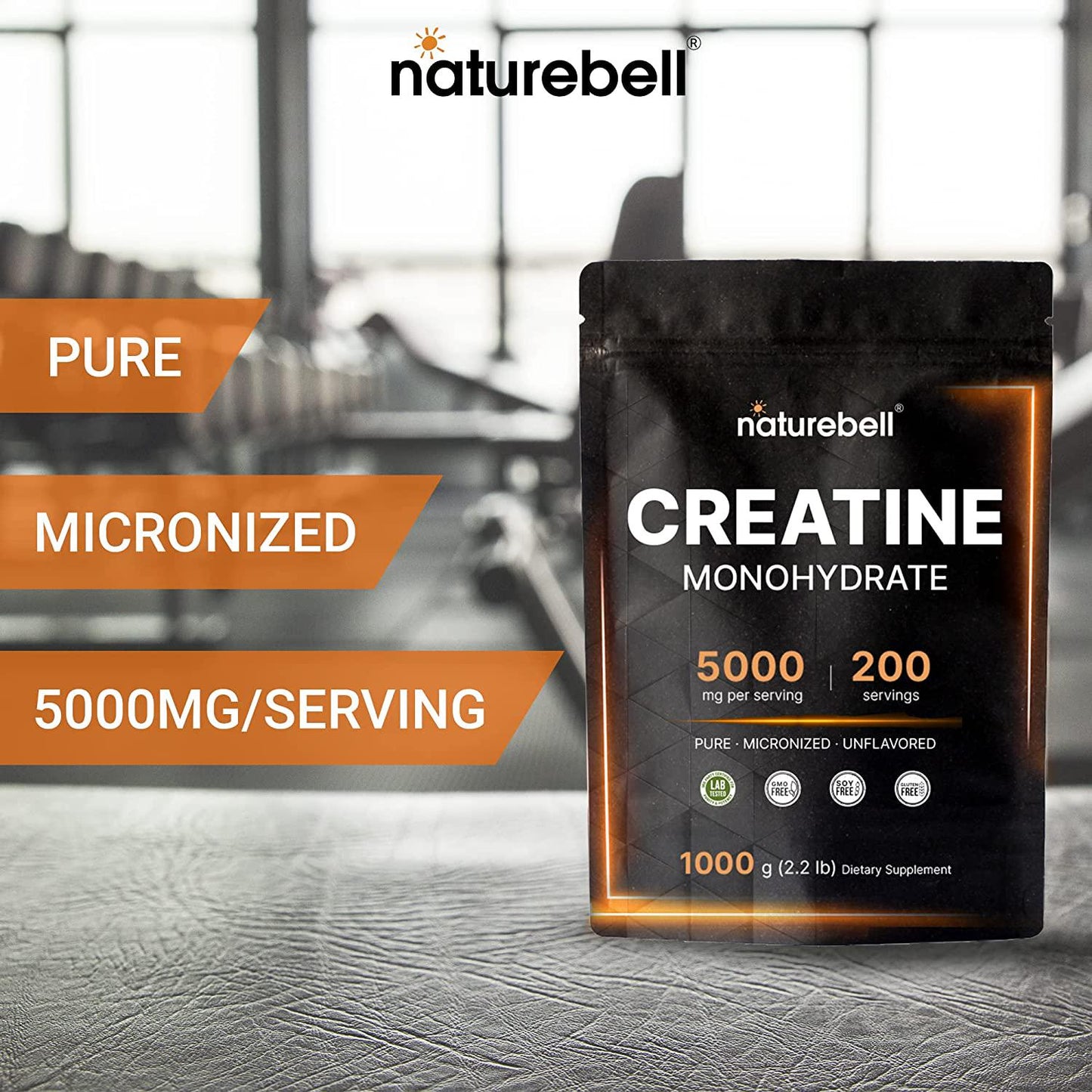 Naturebell Creatine Monohydrate Powder 1000 Grams, 5000mg Per Serving, Pure Unflavored Creatine Powder - Micronized - Pre Workout | Keto | Vegan | Dissolves Easy | Filler Free - 200 Servings (2.2Lb)