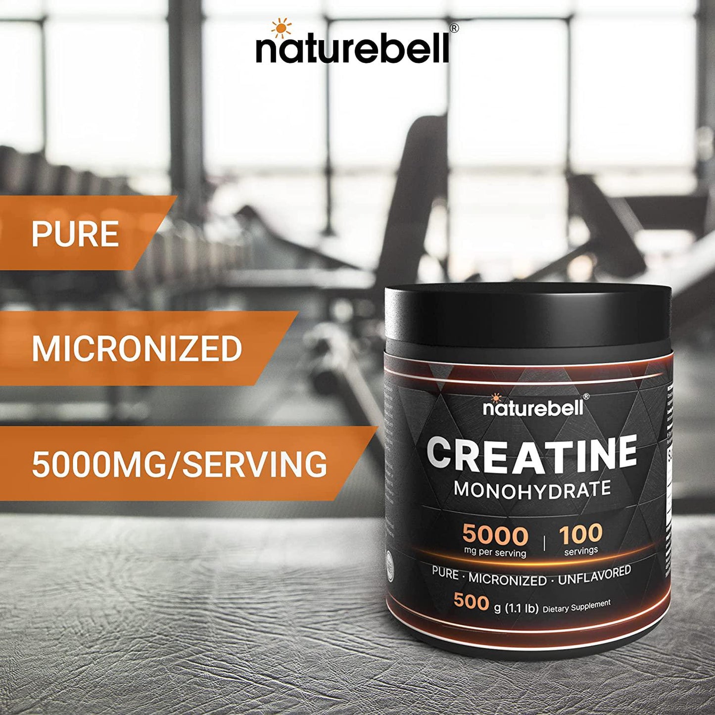 Naturebell Creatine Monohydrate Powder 500 Grams, 5000mg Per Serving, Pure Unflavored Creatine Powder - Micronized - Pre Workout | Keto | Vegan | Dissolves Easy | Filler Free - 100 Servings (1.1Lb)