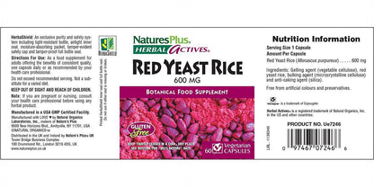 NaturesPlus Herbal Actives Red Yeast Rice - 600 mg, 60 Vegan Capsules - Maximum Potency Herbal Supplement, Cholesterol Support - Vegetarian, Gluten-Free - 60 Servings