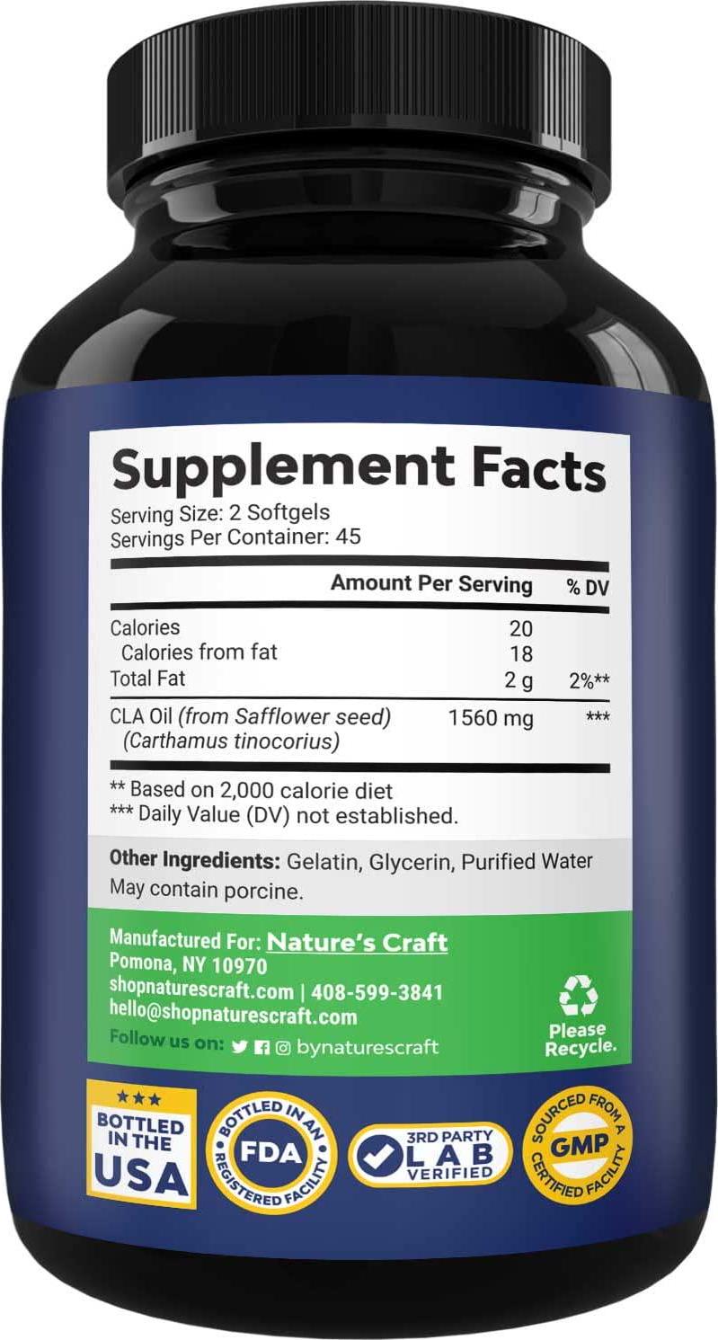 Natures Craft's Pure CLA Weight Loss Supplement Safflower Oil - Natural Diet Pills for Men Women Boost Metabolism Belly Fat Burner - Best 1000 mg CLA Softgels Conjugated Linoleic Acid Complex
