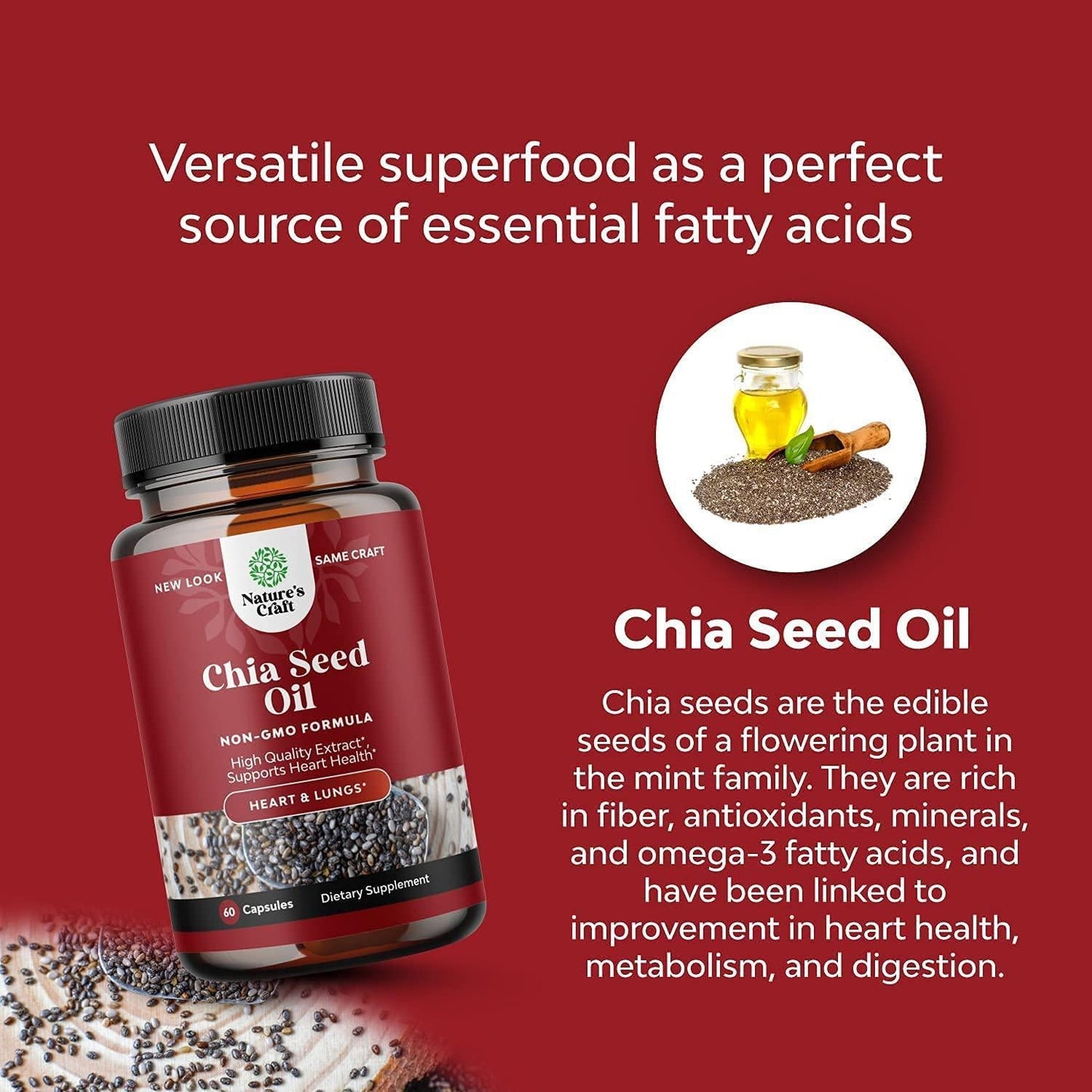 Natures Craft Chia Seed Oil Supplement for Weight Loss and Energy Natural Superfood Protein Metabolism Booster for Men and Women - Tryptophan Antioxidant Vitamins Omega 3 Fatty Acids