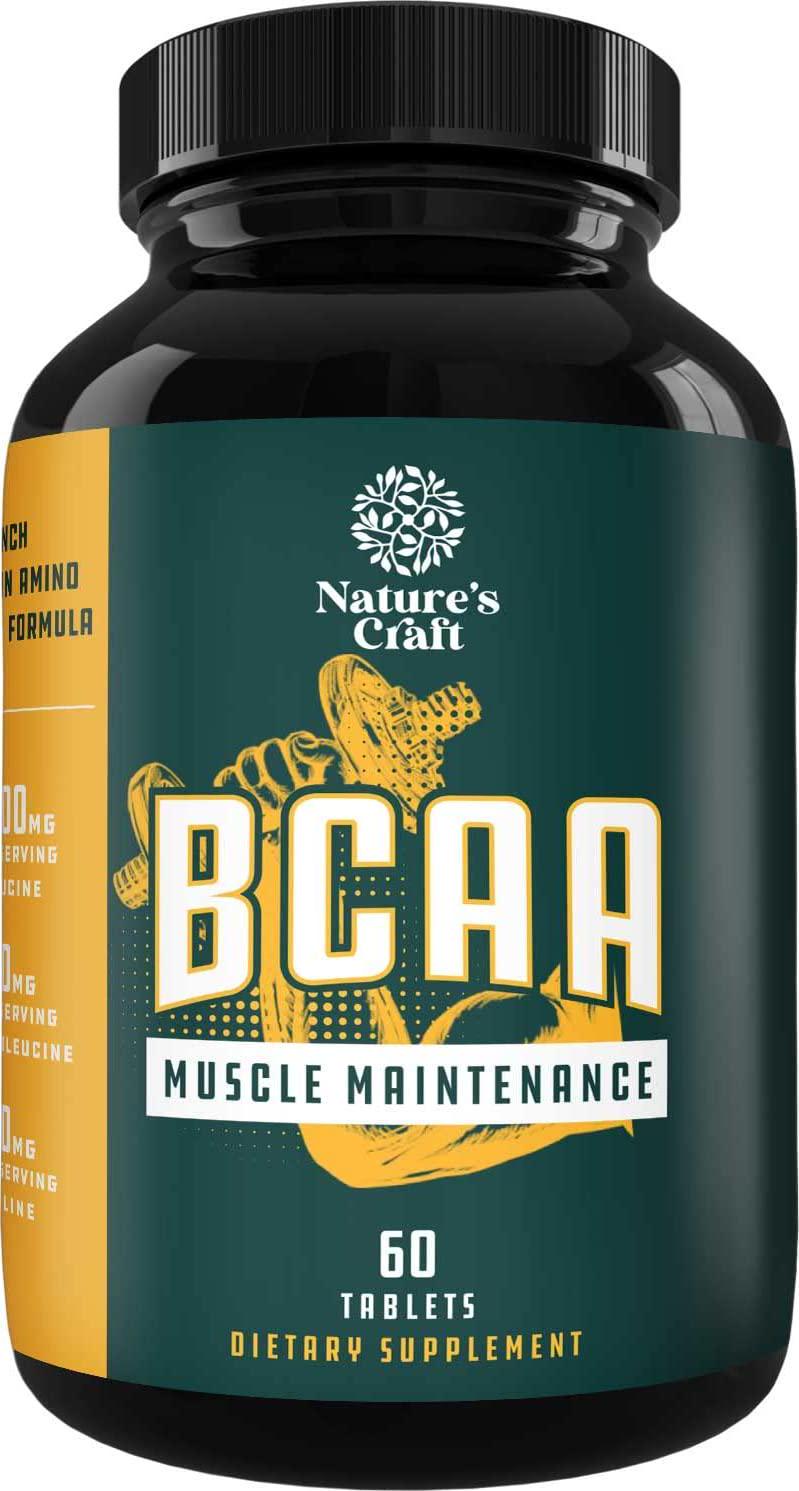 Natures Craft's BCAA Branched Chain Amino Acids Supplement Natural Muscle Builder Pure Energy Booster and Workout Exercise Support for Men and Women Boost Recovery L-Leucine L-Valine 60 Tablets