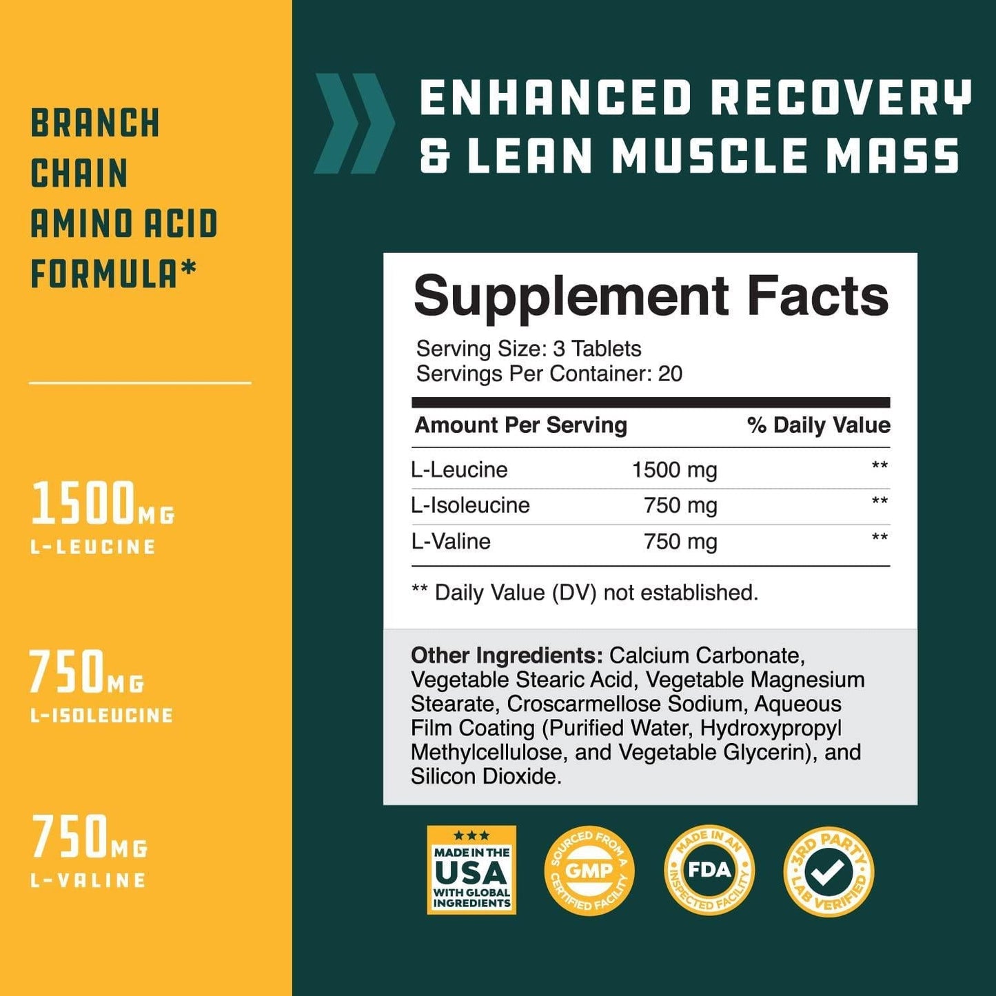 Natures Craft's BCAA Branched Chain Amino Acids Supplement Natural Muscle Builder Pure Energy Booster and Workout Exercise Support for Men and Women Boost Recovery L-Leucine L-Valine 60 Tablets