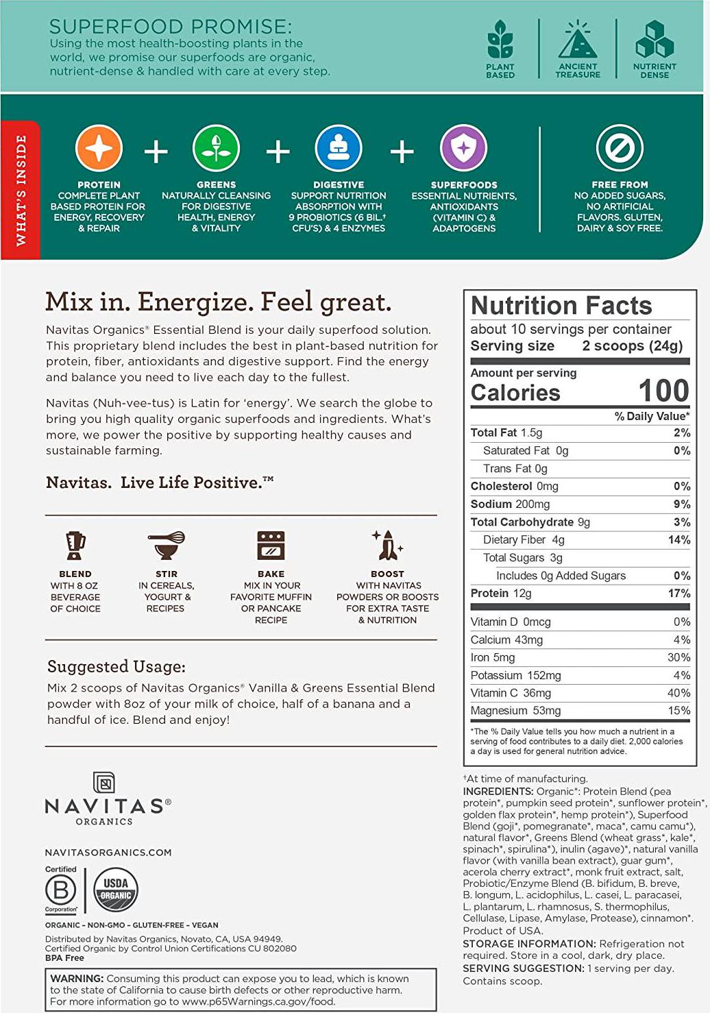 Navitas Organics Essential Superfood Protein Blend, Vanilla and Greens, 8.4oz. Bag Organic, Non-GMO, Gluten-Free, Plant-Based Protein