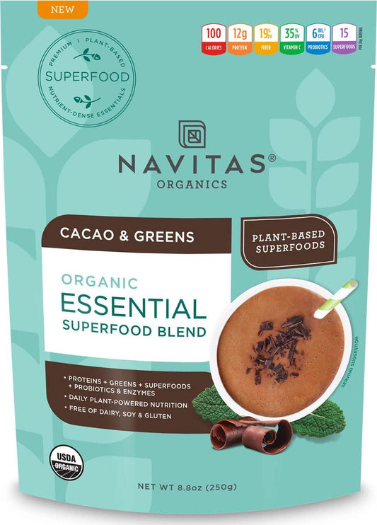 Navitas Organics Essential Superfood Protein Blend, Cacao and Greens, 8.8 oz, Bag, 10 Servings Organic, Non-GMO, Gluten-Free, Plant-Based Protein