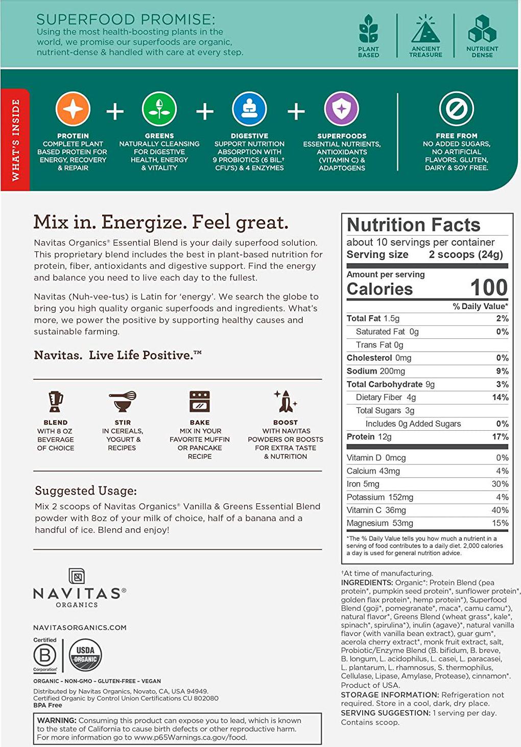 Navitas Organics Essential Superfood Protein Blend, Vanilla and Greens, 8.4oz. Bag,10 Servings Organic, Non-GMO, Gluten-Free, Plant-Based Protein