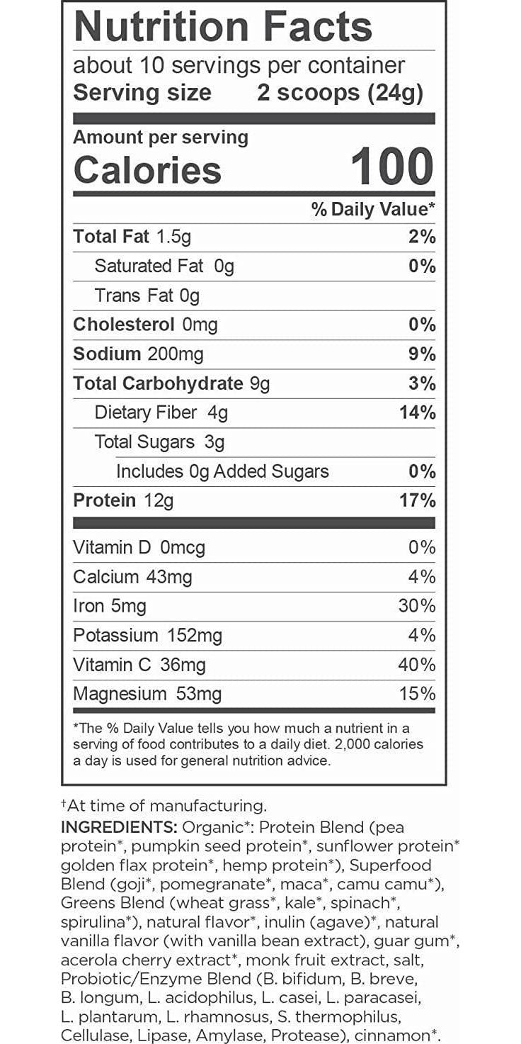 Navitas Organics Essential Superfood Protein Blend, Vanilla and Greens, 8.4oz. Bag,10 Servings Organic, Non-GMO, Gluten-Free, Plant-Based Protein