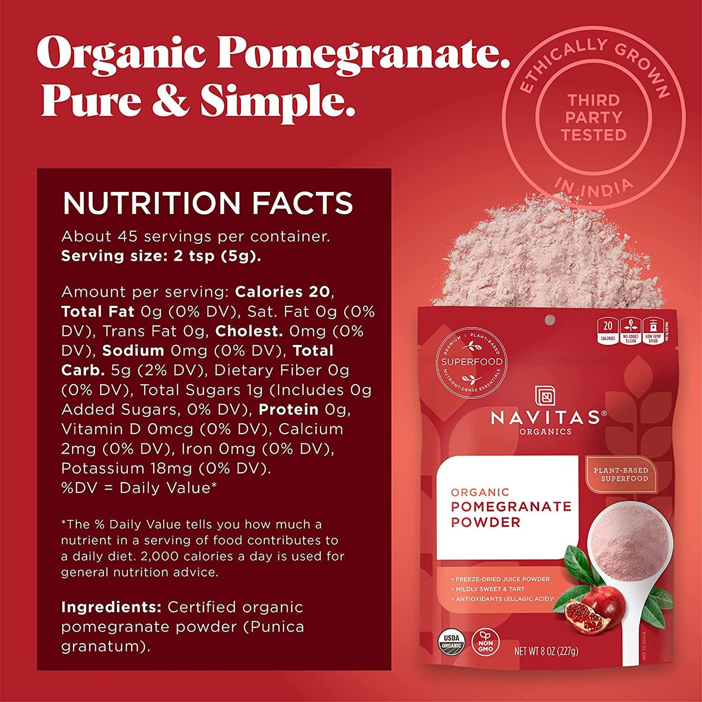 Navitas Organics Pomegranate Powder, 8oz. Bag, 45 Servings Organic, Non-GMO, Freeze-Dried, Gluten-Free