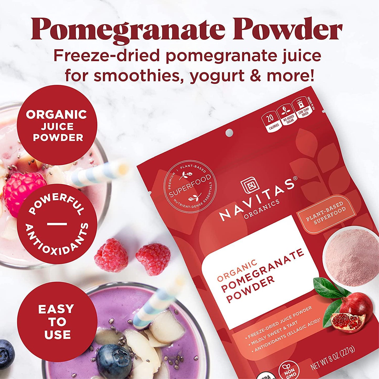 Navitas Organics Pomegranate Powder, 8oz. Bag, 45 Servings Organic, Non-GMO, Freeze-Dried, Gluten-Free