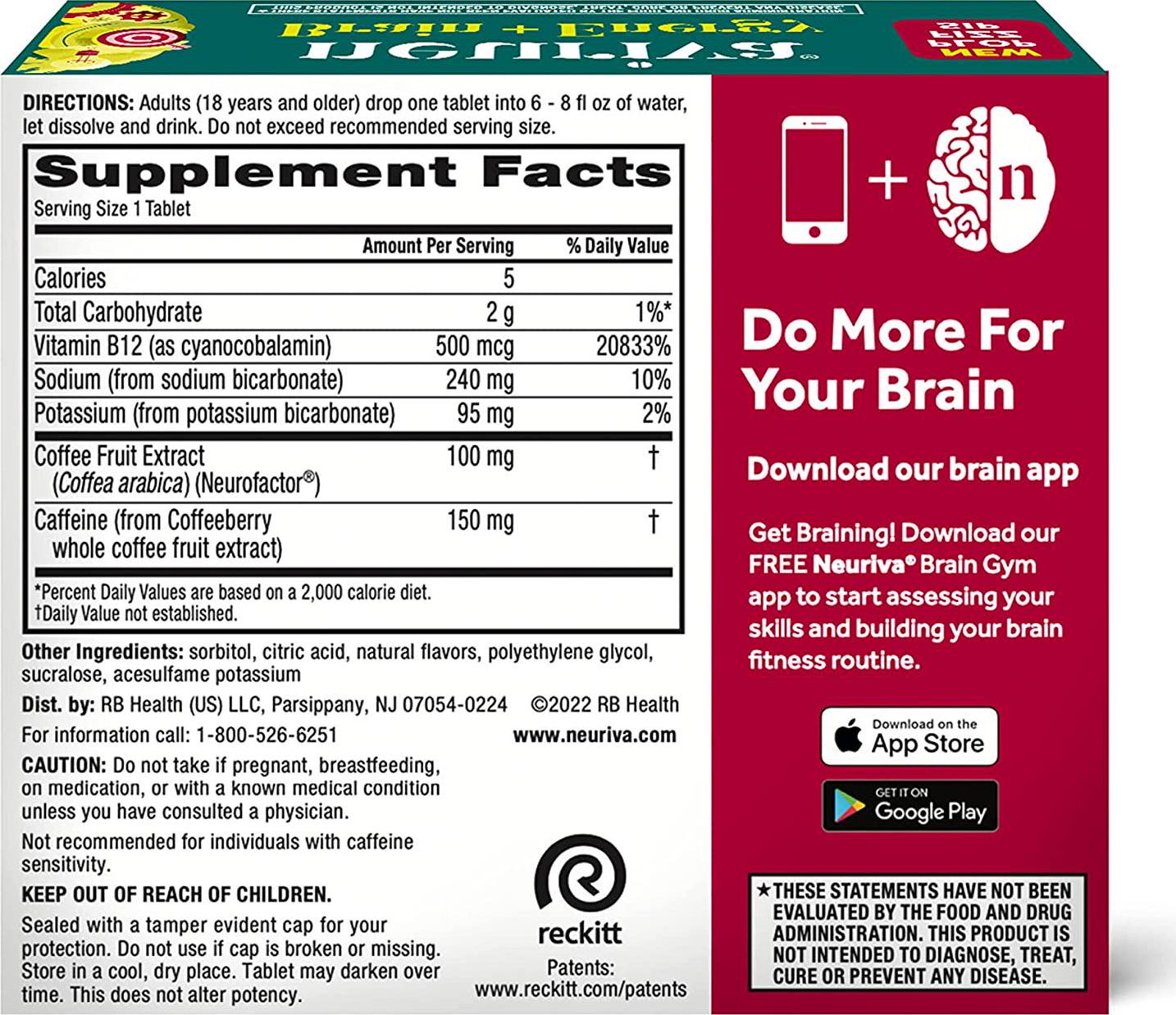 Neuriva Brain + Energy Effervescent Tablets, Nootropic Brain Supplement for Focus and Concentration with Neurofactor, Vitamin B12 and Caffeine for an Energy Boost*, (30ct Box), Cherry Lemonade