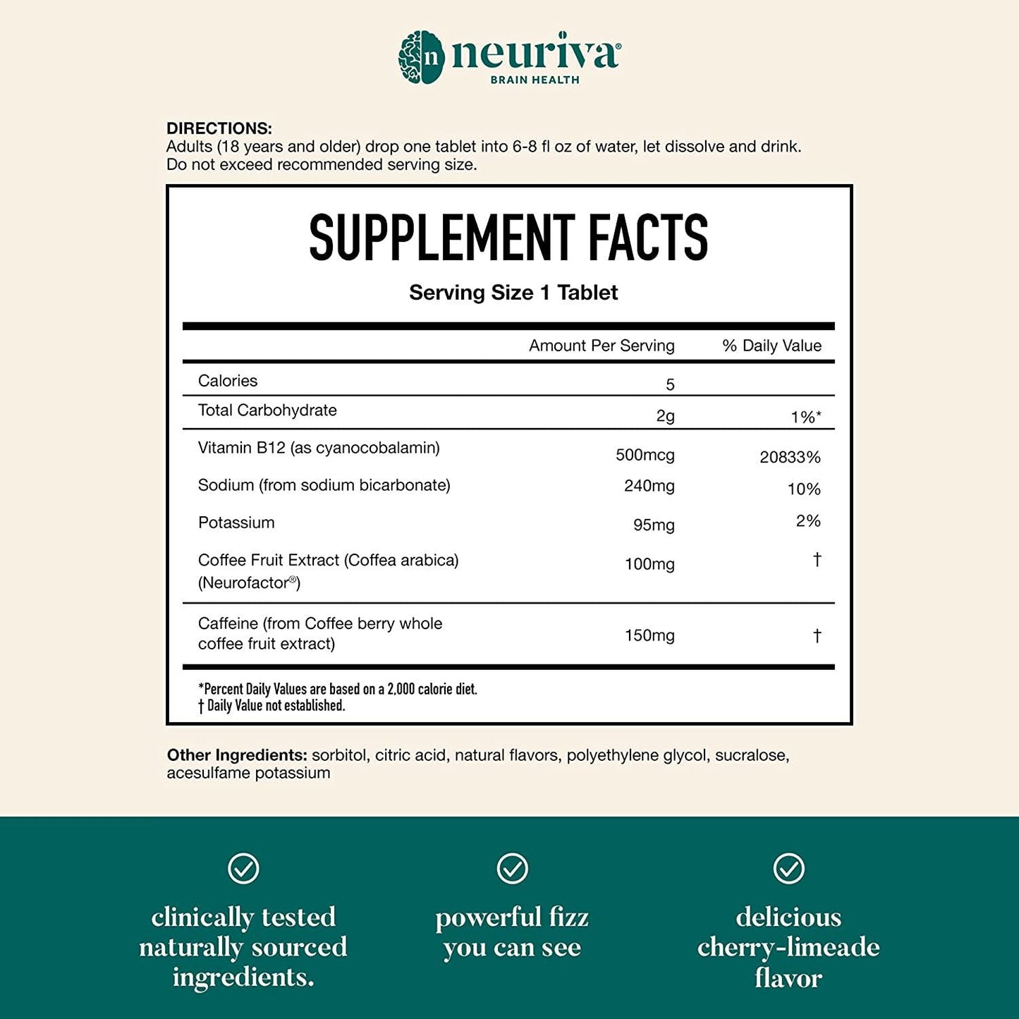 Neuriva Brain + Energy Effervescent Tablets, Nootropic Brain Supplement for Focus and Concentration with Neurofactor, Vitamin B12 and Caffeine for an Energy Boost*, (30ct Box), Cherry Lemonade