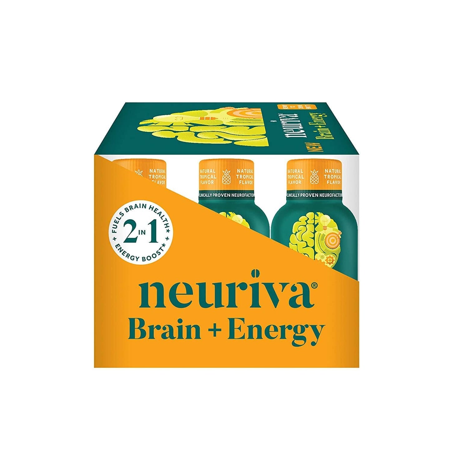Neuriva Brain + Energy Shots, Nootropic Brain Supplement for Focus and Concentration with Neurofactor, Vitamin B12 and 150mg Caffeine for an Energy Boost - (12 Count), Tropical Flavor