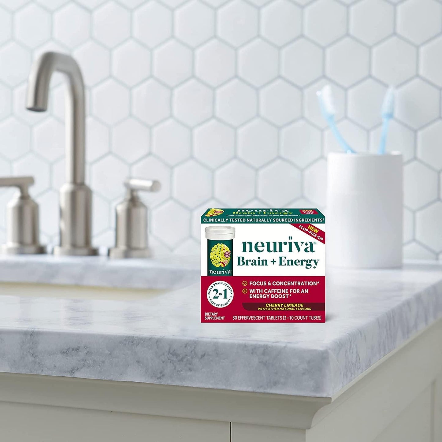 Neuriva Brain + Energy Effervescent Tablets, Nootropic Brain Supplement for Focus and Concentration with Neurofactor, Vitamin B12 and Caffeine for an Energy Boost*, (30ct Box), Cherry Lemonade