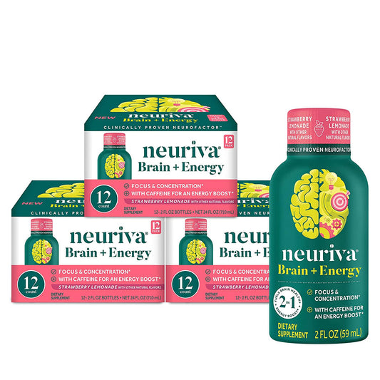Neuriva Brain + Energy Shots, Nootropic Brain Supplement for Focus and Concentration with Neurofactor, Vitamin B12 and 150mg Caffeine for an Energy Boost - (36 count), Strawberry Lemonade