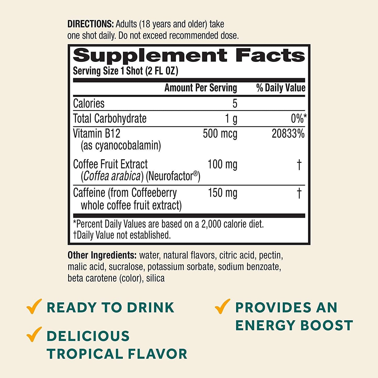Neuriva Brain + Energy Shots, Nootropic Brain Supplement for Focus and Concentration with Neurofactor, Vitamin B12 and 150mg Caffeine for an Energy Boost - (12 Count), Tropical Flavor