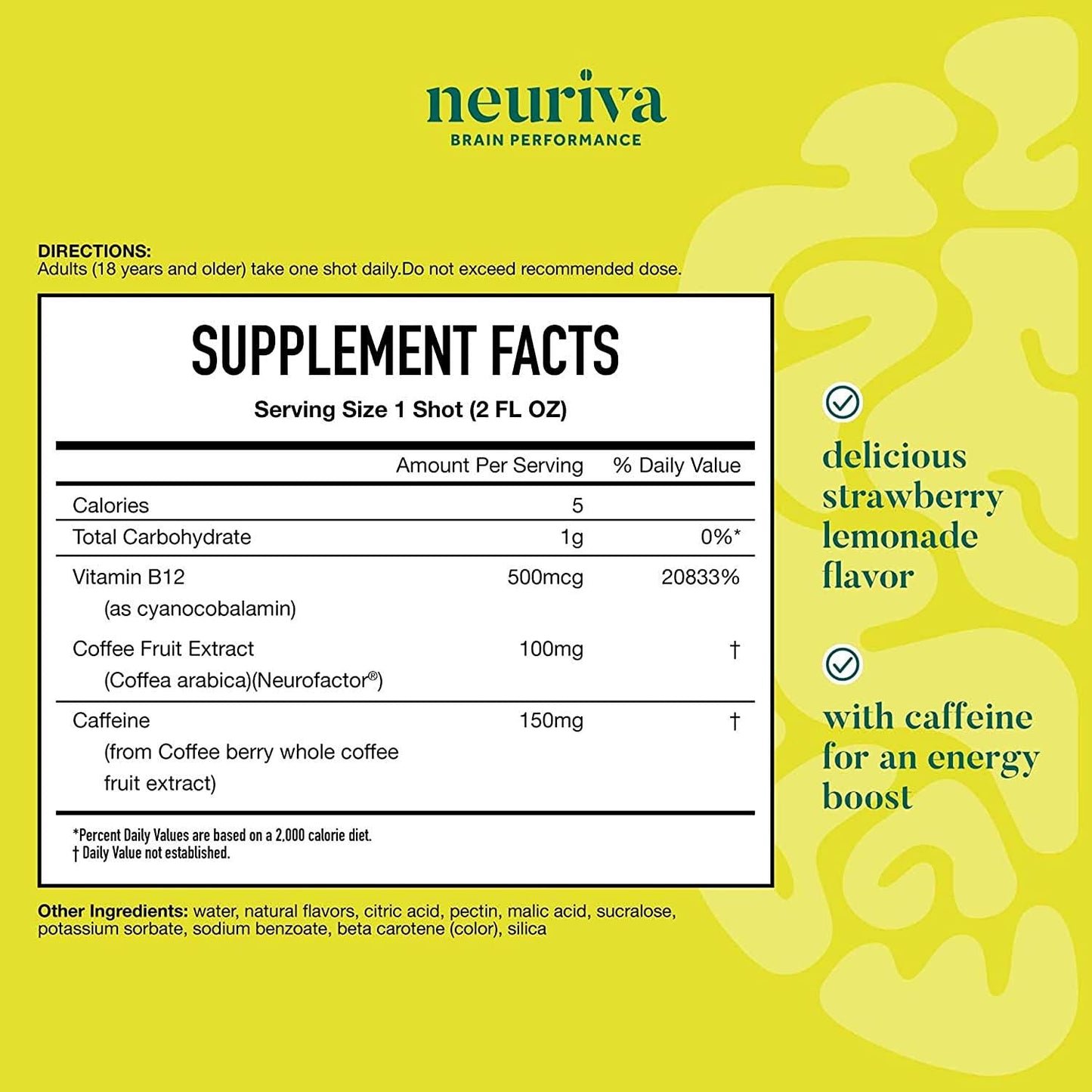Neuriva Brain + Energy Shots, Nootropic Brain Supplement for Focus and Concentration with Neurofactor, Vitamin B12 and 150mg Caffeine for an Energy Boost - (36 count), Strawberry Lemonade