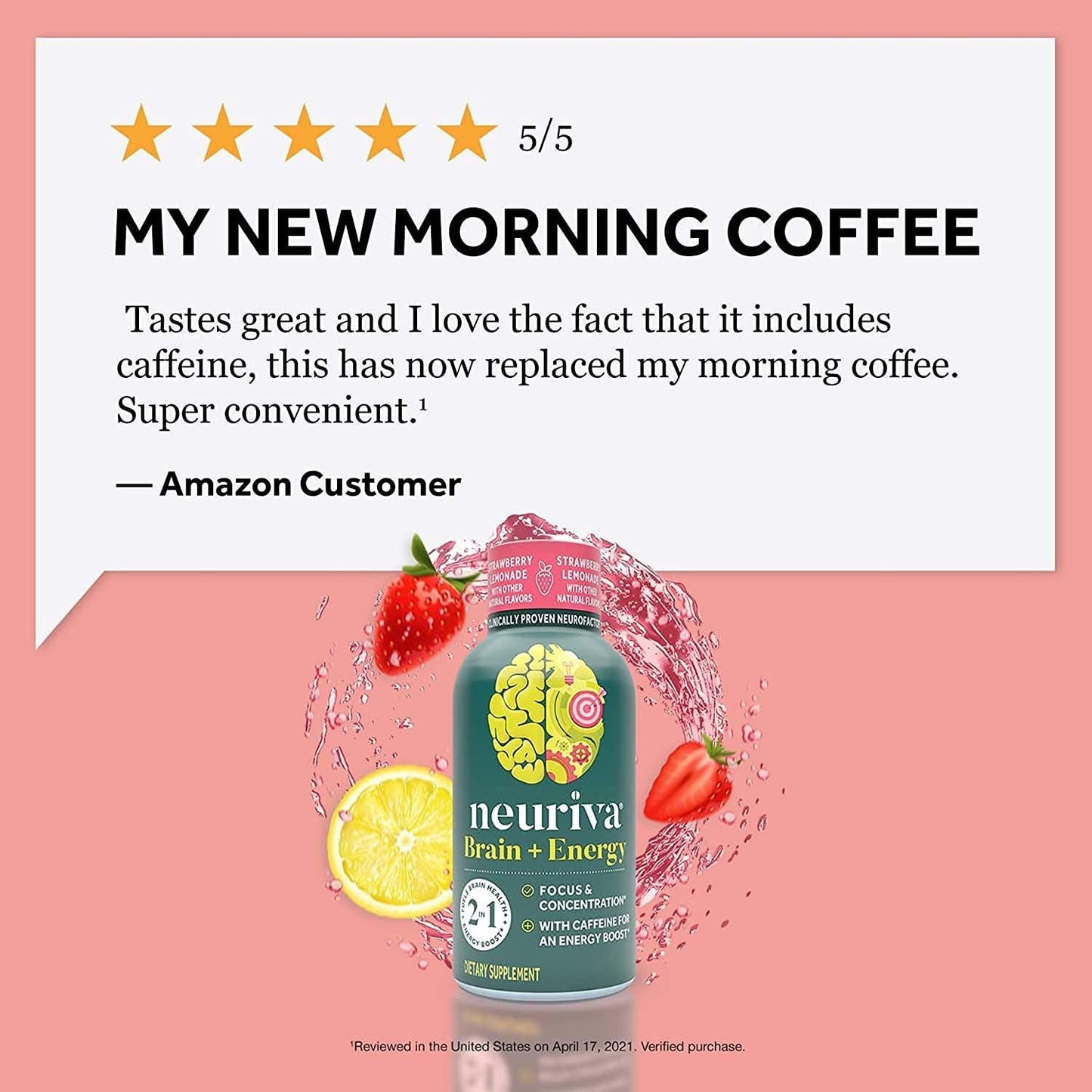 Neuriva Brain + Energy Shots, Nootropic Brain Supplement for Focus and Concentration with Neurofactor, Vitamin B12 and 150mg Caffeine for an Energy Boost - (36 count), Strawberry Lemonade