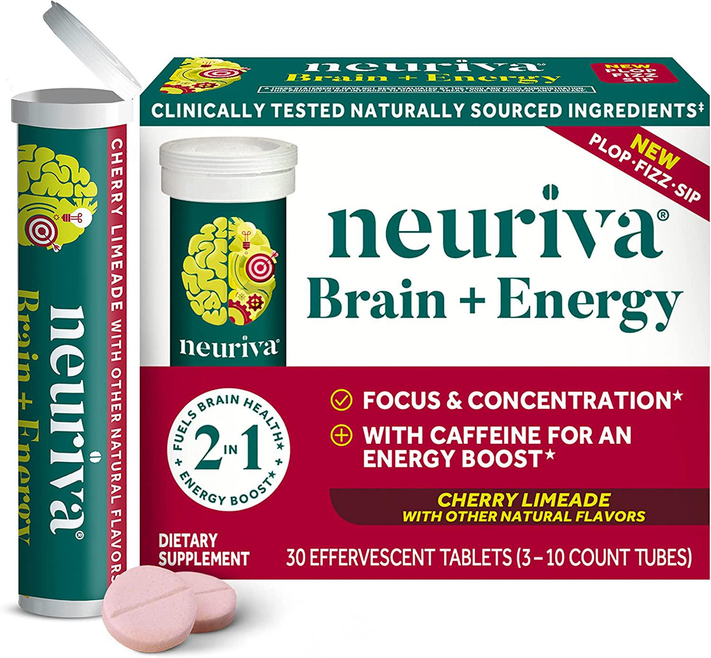 Neuriva Brain + Energy Effervescent Tablets, Nootropic Brain Supplement for Focus and Concentration with Neurofactor, Vitamin B12 and Caffeine for an Energy Boost*, (30ct Box), Cherry Lemonade